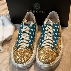 Versace Blue and Gold Baroque Sneakers